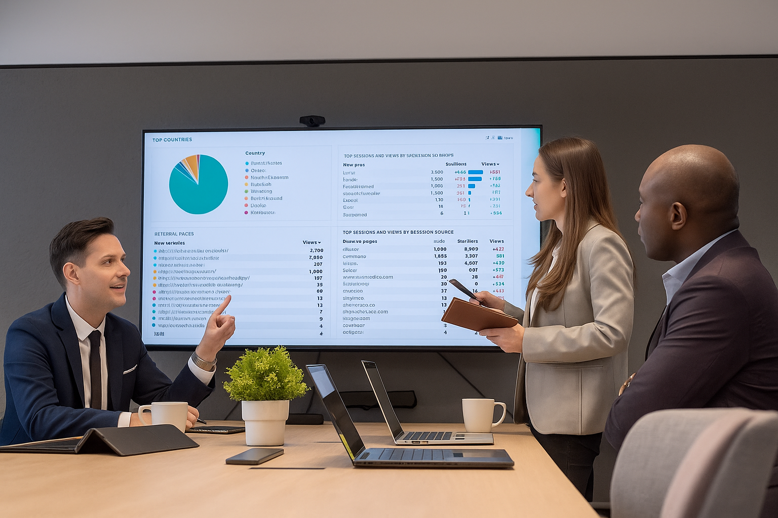 A diverse group of business professionals in a modern conference room reviewing a website analytics dashboard on a large screen. The display shows colorful charts, graphs, and data tables with traffic sources, session metrics, and referral details, while one presenter explains the insights to the team.