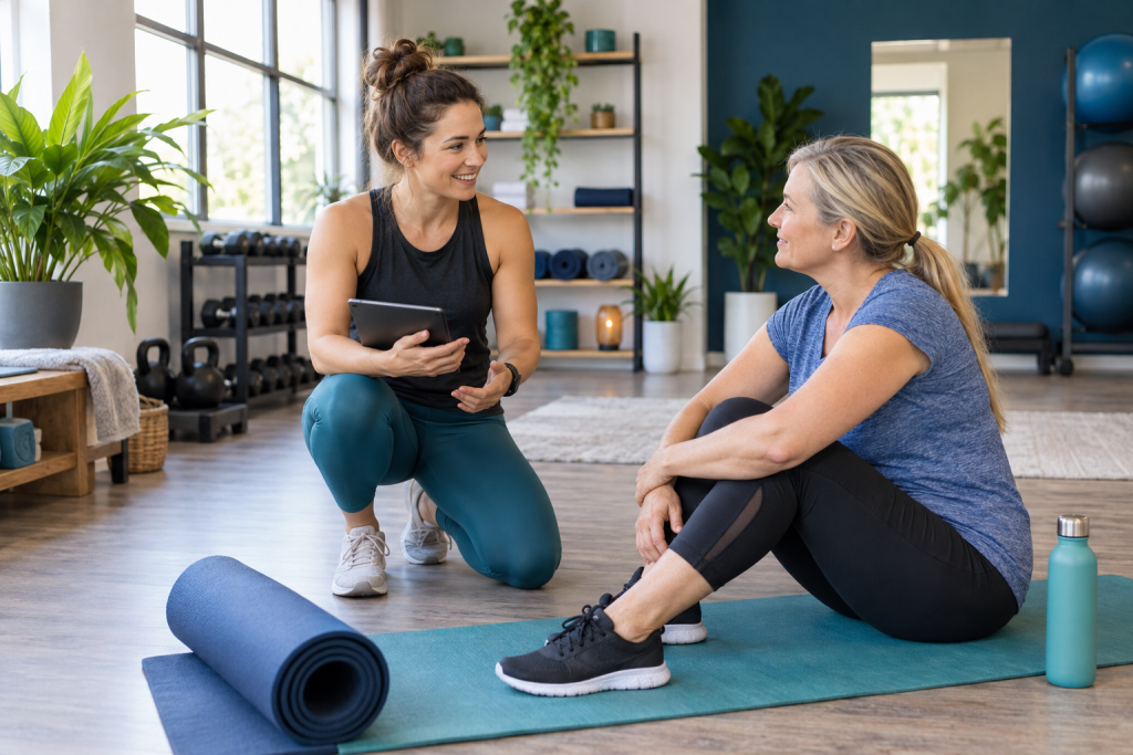 Illustrative fitness professional welcoming a client in a bright studio